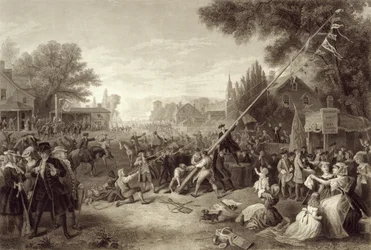 Aufrichten des Freiheitsmastes, 1776, graviert von John C. McRae, 1875